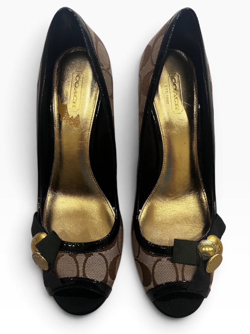 Coach Jaden Signature C Jacquard Peep Toe Wedge Heels Brown Black 8.5
